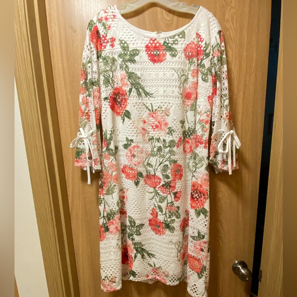 R&K White Dress with Green and Dark Pink Coral Accents. 3/4 Bell Sleeves